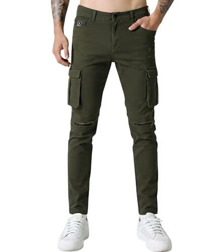 Image of L'MONTE Imported Multi Pockets Cotton Cargo Skinny Fit Stretchable Army Green Joggers Pant for Men