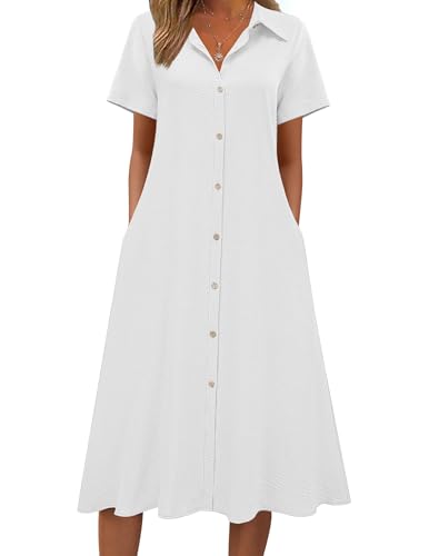 Zeagoo Womens Summer Shift Dress Long Beach Cotton Linen Dresses Button Down Casual Midi Dress Spring Sundresses with Pockets White
