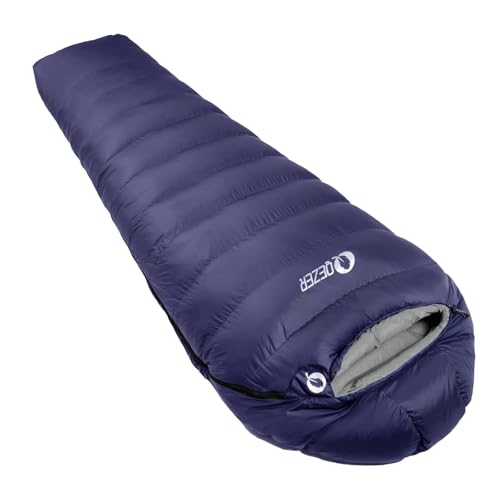 QEZER Down Mummy Sleeping Bag for Adults, 32°F to 10°F Lightweight Compact for Camping Backpacking Hiking, 4 Season Outdoor Sleeping Bag with 600 Fill Power Down