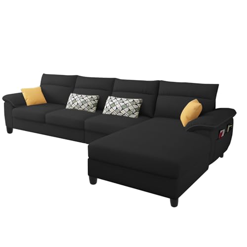Image of Casaliving Seams RHS 6 Seater L Shape Sofa Set for Living Room (Black Colour Fabric) Premium Fabric Sofa Set for Living Room | Hall