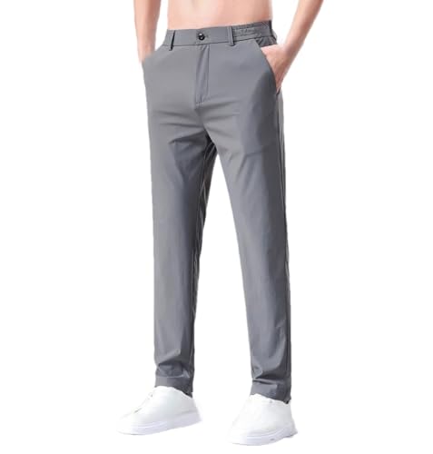 Kelsiop Men's Summer Quick Dry Ice Silk Pants Slim Straight Business Solid Color Trousers