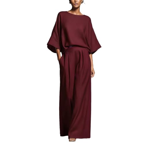 Tailleur en lin femme avec pantalon jambes larges et haut manches évasées 3/4