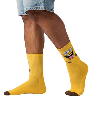 Image of The Souled Store SpongeBob: SquarePants Socks | Premium Cotton Blend Crew Length Printed Unisex Footwear | Funky Yellow Character Design Casual Accessories - Free Size