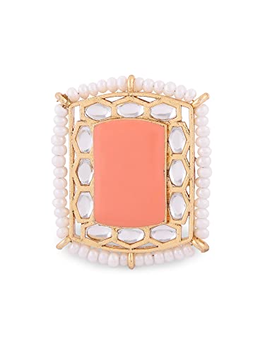 Image of ZAVERI PEARLS Peach Multistrand Beaded Choker Necklace Earring Maangtikka & Ring Set For Women-ZPFK14144