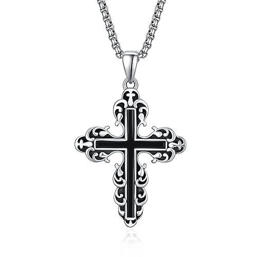 HXWZB Black Cross Necklace Sterling Silver Vintage Black Cross Pendant Protection Amulet Necklace Gift for Men Women