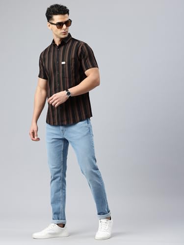 Image of Majestic Man Men Slim Fit Cotton Striped Half Sleeve Casual Shirt
