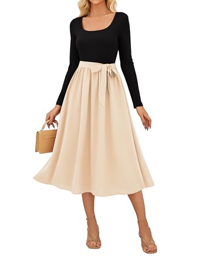 Festliche Kleider für Damen A-Linie Midi Langarm Rockabilly Kleider Damen Elegant Cocktailkleid Hochzeitsgast Schwarz-Aprikose XL