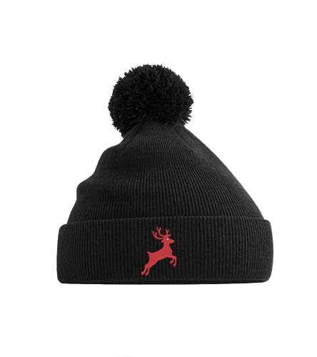Image of Reindeer Embroidery Bobble Hat | Christmas Stag Winter Knit Cap for Adults | Festive Xmas Deer Pom Pom Beanie | Navy