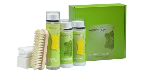 KERALUX 3in1 Lederpflege Set: 200 ml Lederreiniger, 200 ml Lederpflege, 200 ml Intensivschutz vor Anschmutzung durch Kleiderfarbabrieb. Sehr gut für Longlife Leder geeignet.