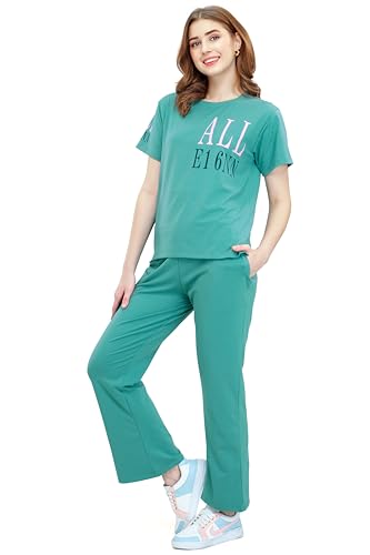 Image of ZEYO Women's Cotton Typography Wide Bottom Night Suit Set of Top & Pajama Set