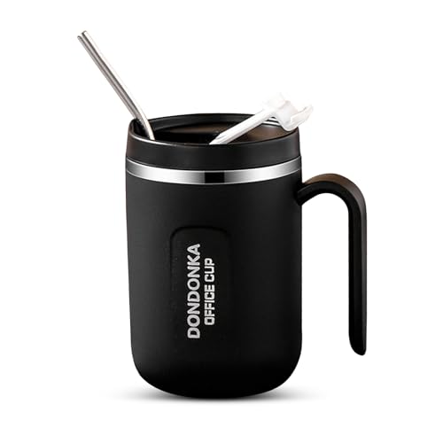Kytpyi Termo Cafe, Termo Cafe para Llevar, 500ml Taza Termo Cafe para Llevar a Prueba de Fugas con Paja Tapa para Bebida Fría Caliente, Vaso Termico Acero inoxidable para Hogar Oficina Viajar (Negro)