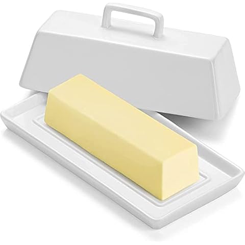 GOURMEX Classic Butter Dish with Lid | Fits One Stick of Butter | Ideal Butter Keeper for Salted, Unsalted Butter and Coconut Butter in Fridge | Ceramic White Tray Covered Butter Dish Dishwasher Safe Cover