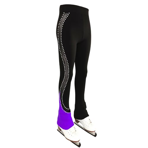 LIUHUO Ice Skating Pants Girls Women Stretchy Mesh Figure Skating Trousers Rhinestones Leggings Purple