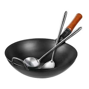 YOSUKATA Carbon Steel Wok Pan – 13,5 “ Woks and Stir Fry Pans 17’’ Wok Spatula and Ladle