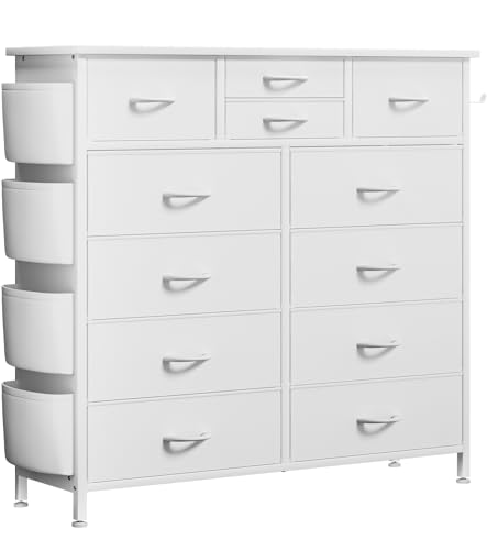 Image of White Dresser for Bedroom, Bedroom Dressers & Chests of Drawer, White Closet Fabric Dressers, 12 Drawers Dresser w/Side Pockets, Hooks, Dresser Storage Organizer for Hallway, Entryway, Kids Room