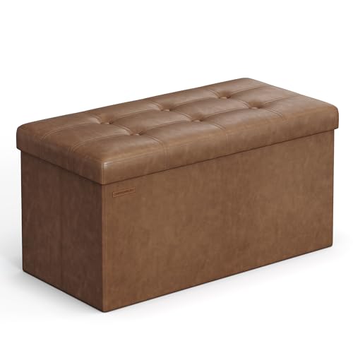 SONGMICS Puff Almacenaje, Baúl de Almacenaje Plegable, 38 x 76 x 38 cm, Taburete Reposapiés, Banco de Cubo, Soporta hasta 300 kg, para Sala de Estar, Dormitorio, Entrada, Marrón Café LSF040K11