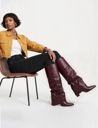 Image of Knee High Boots Women Fold Over Boots Chunky Heel Pointed Toe Tall Boots | Fashion Slouchy Boots,Side Zipper Shark Boots,Fall Spring Winter Fashion Dress Tall Boots,Evening Bridal office Long Boots