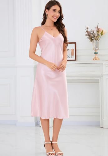 Image of ALCEA ROSEA Women's Midi Satin Slip Dress Adjustable Spaghetti Strap Nightgown Silky Under Dresses