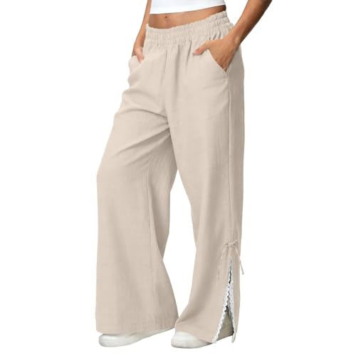 Womens Palazzo Pants Cotton Linen Drawstring High Waist Casual Pants Split Hem Boho Beach Lounge Trousers, Beige, M