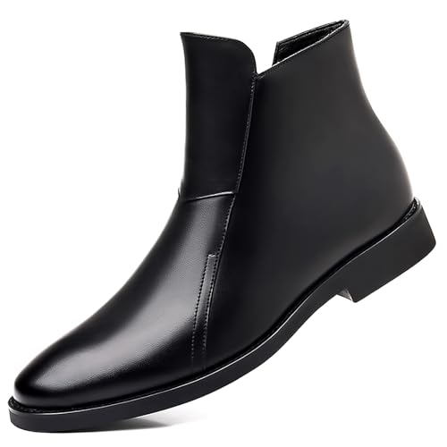 Men's Leather Chelsea Ankle Boots with Side Zipper Casual Comfortable Chunky Heel Dress Booties for Business Driving Office Walking Boots