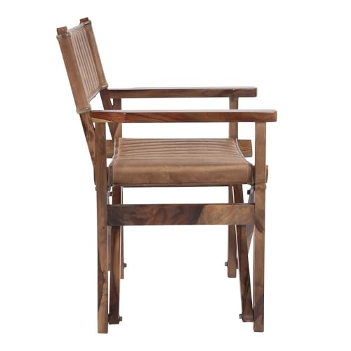 Image of Howard Elliott Collection Premium Wooden Wide Leather Director's Chair with Brown Frame, Foldable & Collapsible Upholstered Wooden Leather Chair Canvas for Directing, 22 x 22 x 34 Inches, Brown