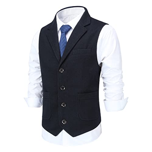 Allthemen Chaleco de hombre Solapa Tweed Traje de lana Chaleco Formal Regular Fit Chaleco de hombre Retro Boda de negocios Azul Marino XXL