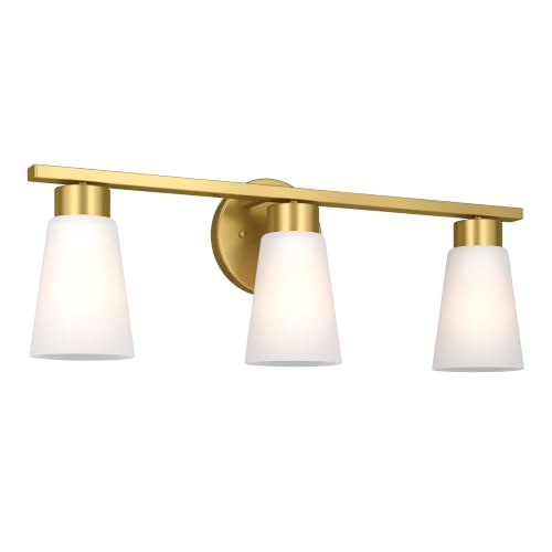 Image of Kichler Stamos 22.25 inch 3-Light Soft Modern Vanity Light with Satin Etched Glass in Brushed Gold, (8.25 inch H x 22.25 inch W), 55121BG
