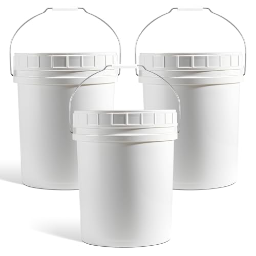 DEMORA 5 Gallon Bucket with Screw Lid, Heavy Duty Plastic Buckets Containers for Food Storage, Plastic Pail with Metal Handle for Water, Cleaning, Car Wash, Paint, Gardening, BPA Free (White, 3 Pack)