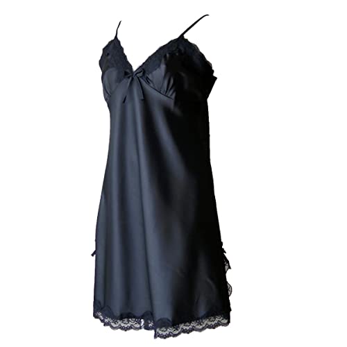 スリップ セクシー ランジェリー ペチコート ワンピース 大きいサイズ サテン ツルツル 透けない エレガント ベビードール 安い su960 M black yn - 画像1