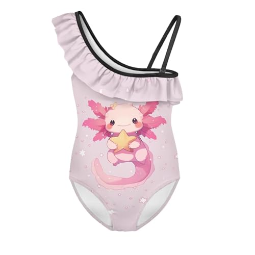 Image of WELLFLYHOM Axolotl Girls One Piece Swimsuits 3-14 Ruffle One Shoulder Bathing Suits Full Coverage Beachwear
