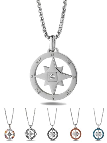 inSCINTILLE Collana Uomo Acciaio Ciondolo Rosa dei Venti, Lunghezza Regolabile 48-53 cm, Confezione Regalo Inclusa, Collanina Uomo Pendente, Catenina (Rosa dei Venti e Zircone - Argento)