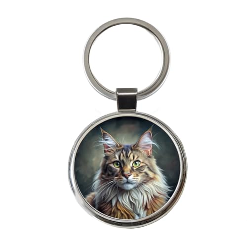 Blooza Blooza Maine Coon Cat Illustration Round Metal Keychain