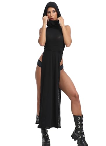 Mingnos Goth Rave Dress for Women, Streetwear Sexy Cosplay Festival Outfits Gothic Costume Party Hooded Dresses Black M