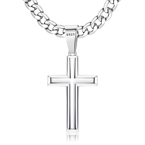 Besteel 925 Sterling Silver Cross Necklace for Men Women | 5mm 316L Stainless Steel Diamond-Cut Cuban Link Curb Chain, Beveled-Edge Religous Pendant Jewelry, 16-30'' Christian Baptism Gift