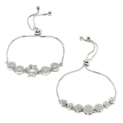 Image of ZENEME Set of 2 Rhodium Plated Silver Toned Crystals Contemporary Cubic Zirconia Brass Adjustable Bracelet For Women & Girls