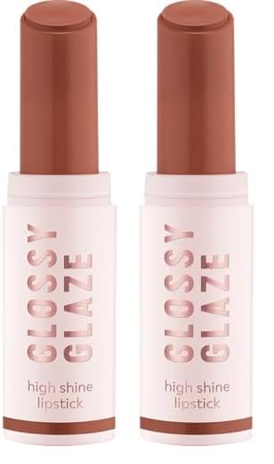 essence GLOSSY GLAZE high shine lipstick, Nr. 01, Braun, hochpigmentiert, glänzend, farbintensiv, vegan, ölfrei, ohne Parabene, ohne Mikroplastikpartikel, 2er Pack (1.9g)