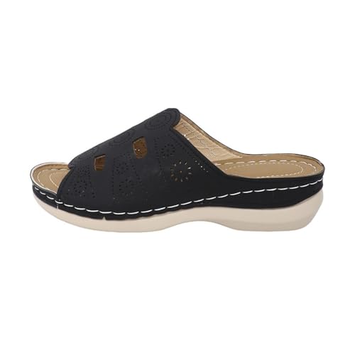 Bågstöd ortopediska tofflor dammode enfärgade läder broderade tofflor öppen tå bekväma kvinnors sommarskor, Svart, 40 EU