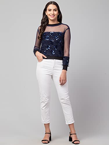 Image of NEOAMBER Women Stylish Sleeveless Sequin Net Western Cami Party Crop Top