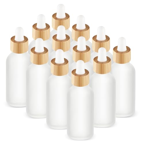 12 Pack Frosted Glass Dropper Bottles with Bamboo Caps