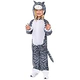 amscan 9918157 - tuta unisex con cappuccio, per la giornata mondiale del libro gatto tigrato grigio, costume per bambini, età: 10-12 anni