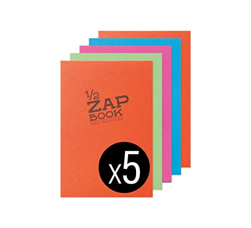 Clairefontaine 8366C - Carnet Encollé 1/2 Zap Book - 80 Feuilles Papier Croquis 100% Recyclé - A5 14,8x21 cm 80g - Couleur de Couverture Aléatoire - Paquet de 5 Carnets Cover