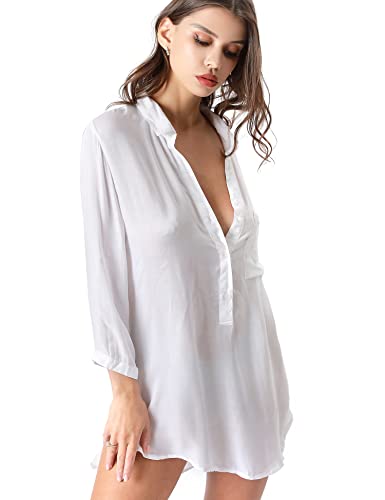 Image of TOUSYEA Sleep Shirts for Women Button Down Shirts Long Sleeve Sleepwear Swimsuit Cover Ups Soft Pajama Tops