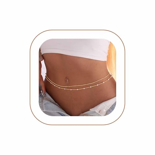 Rotnso 14K Gold Plated Body Chains Dainty Boho Layered Beach Waist Pearl Bead Chain Adjustable Bikini Belly Chain Jewelry Accessories for Women Sexy