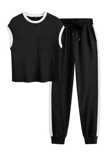 BTFBM Women's Two Piece Tracksuit Outfits Summer Short Sleeve Tops Long Pants Jogger Lounge Matching Sets Sweatsuit(A Black,Small)