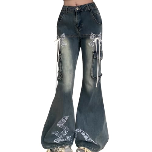 Fashion Y2K High Waisted Wide Leg Jeans Casual Vintage Lace Drawstring Patchwork Slim Flared Denim Pants