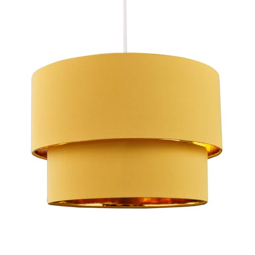 Modern and Trendy Mustard Ochre Cotton Fabric Double Tier Design Ceiling Pendant Lamp Shade with Shiny Golden Inner | 20cm x 30cm by Happy Homewares