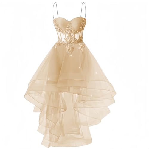 Lace Applique Homecoming Dresses for Teens High Low Spaghetti Straps Tulle Short Prom Dress Glitter DAMA Dress