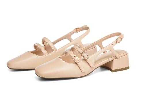 Image of Coutgo Women's Mary Jane Chunky Low Heels Slingback Pumps Closed Square Toe Wedding Dress Shoes