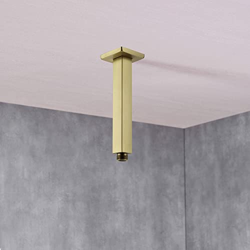 Brushed Gold Shower Arm With Flange 6 Inch Straight Stainless Steel Top Rainfall Shower Head Extension Pipe Square Shaped #TOP1