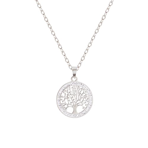 POYAMUSE Tree of Life Necklace with Sparkling Zircon Circle Stainless Steel Life Tree Pendant Necklace for Women - Zircon Round Pendant Jewelry Gift for Anniversary - Silver